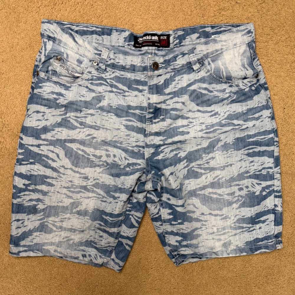 Y2K Ecko Unltd Denim Shorts Men 38 Blue Tiger Stripe Camo Streetwear Jorts Baggy